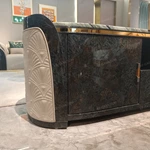 Luxury TV Stand with Dark Natural Wood Veneer Marble Top Embossed Side Panels and Stainless Steel Handles